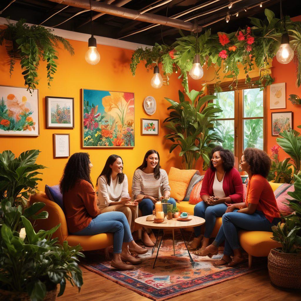 A lively gathering of diverse individuals engaged in animated discussions, surrounded by colorful decor symbolizing a vibrant lifestyle. Include elements like plants, art, and community boards showcasing tips and experiences. Capture expressions of joy and curiosity, with a bright, inviting atmosphere. super-realistic. vibrant colors. warm lighting.