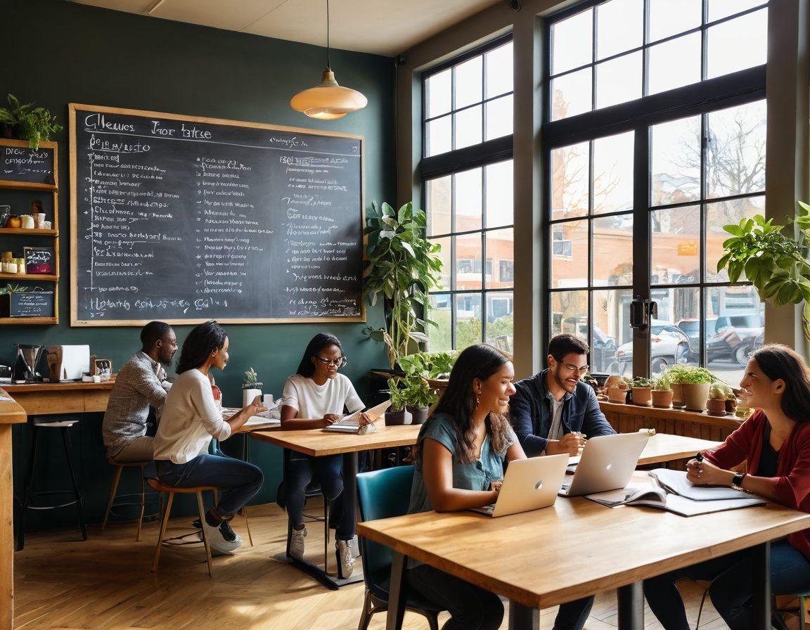 A vibrant coffee shop scene with diverse groups of people engaged in animated discussions, sharing tips and insights. A chalkboard in the background displays trending lifestyle topics. Sunlight pours through large windows, adding warmth. Elements like notebooks, laptops, and plants surround the tables to create an inviting atmosphere. super-realistic. vibrant colors. cozy environment.